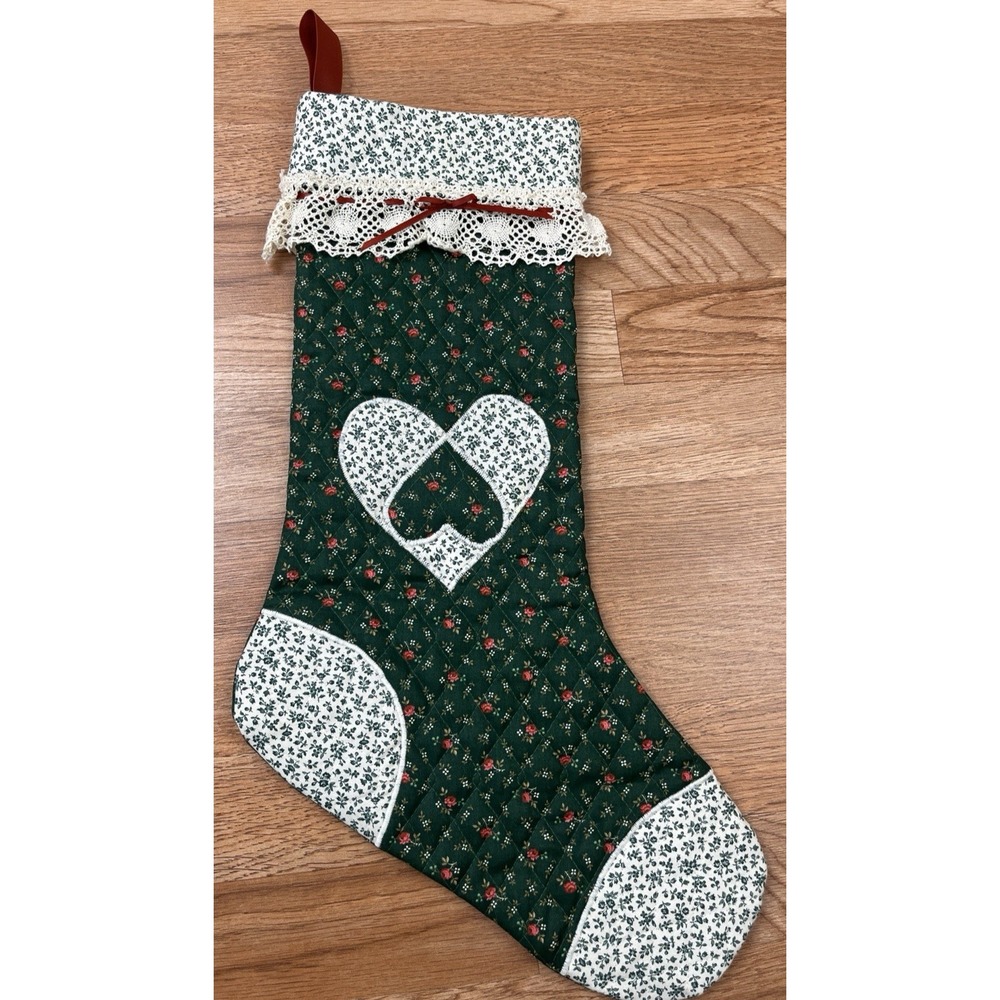 Vintage Handmade Quilted Floral Christmas Stocking Lace Trim